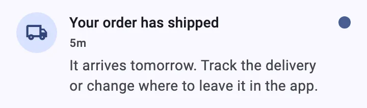 The same notification tile after the change. The body text wraps onto two lines instead of being cut off, and the “5m” timestamp now sits below the title.