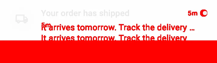 The diff image. Unchanged parts of the tile are faded, the body text and timestamp that moved are painted red, and a solid red band at the bottom marks the height the tile gained.
