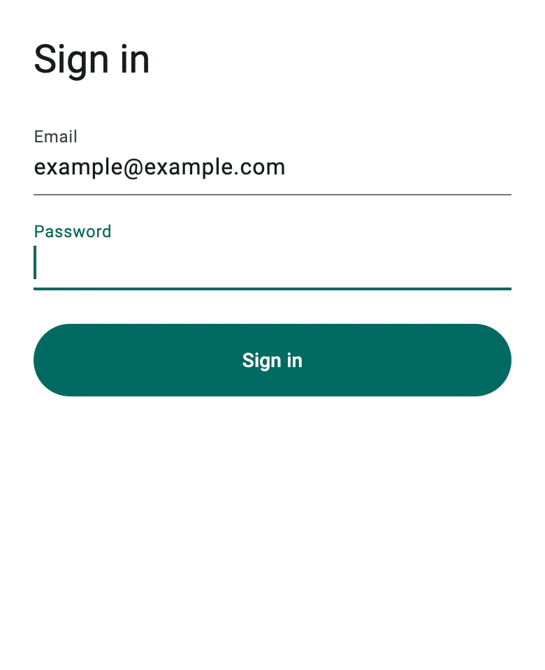 A sign-in form with “example@example.com” entered in the Email field and the text cursor in the focused Password field, above a full-width Sign in button.